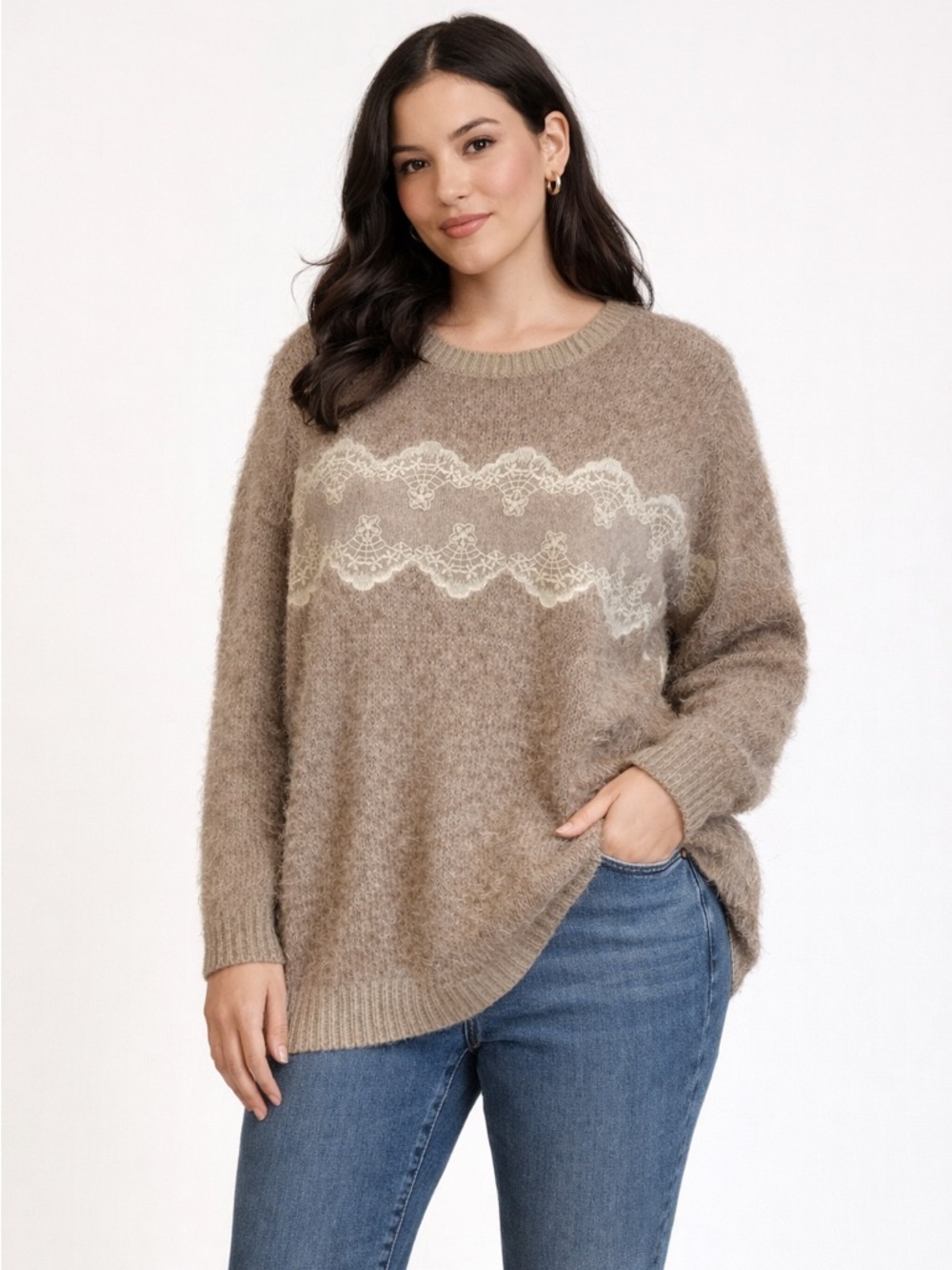 Angel Ribbons Oatmeal Soft Cozy Eyelash Sweater with Lace Accent 18/20